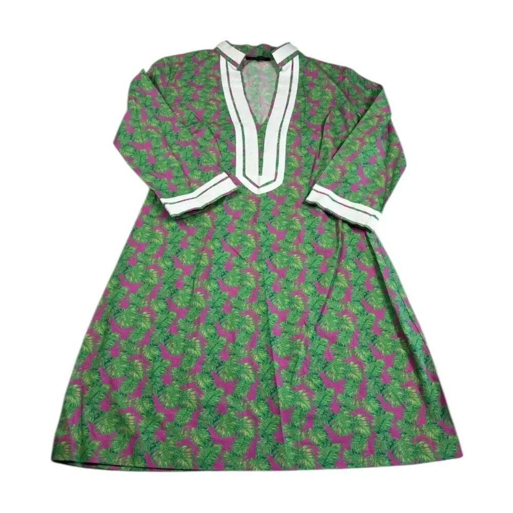 Lauren Gold A-Line Tunic Dress Tropical Leaf Print 3/4 Sleeve Casual Resort 2